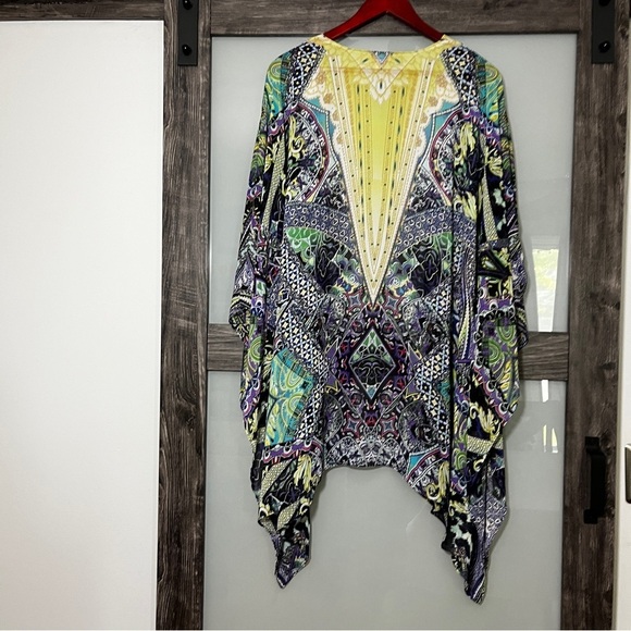 Chico's Vibrant Purple & Yellow Patterned Kimono Top Size L/XL Handkerchief Hem - Picture 7 of 8